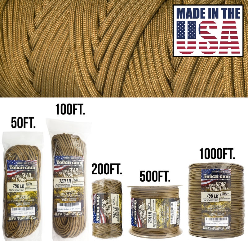 TOUGH-GRID 750 Paracord Rope Nylon Parachute Cord, Made in USA Survival Kit, Outdoor Adventures, Camping, Tactical Gear & Emergency Supplies, Military Type IV Mil-Spec - Image 2